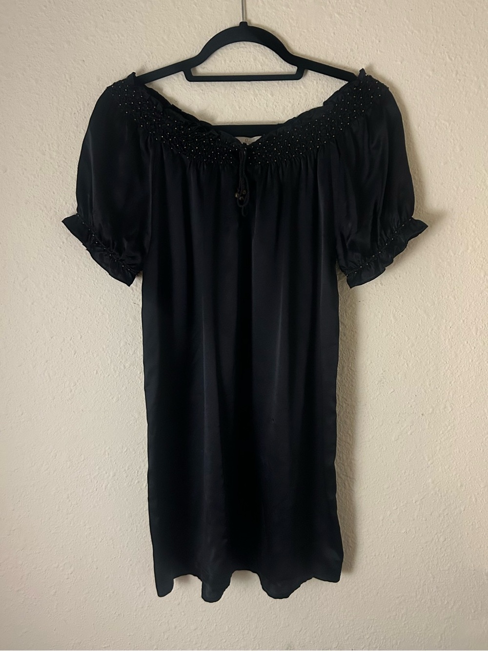 100% Silk Joie Black Off-Shoulder Smocked Neck Dress